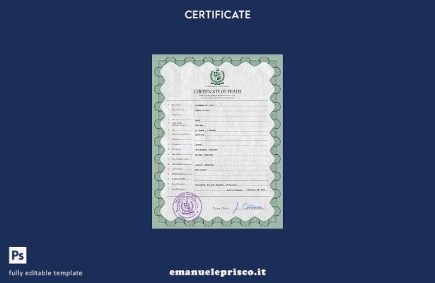 Modello PSD del certificato di morte dei documenti di stato civile del Pakistan 